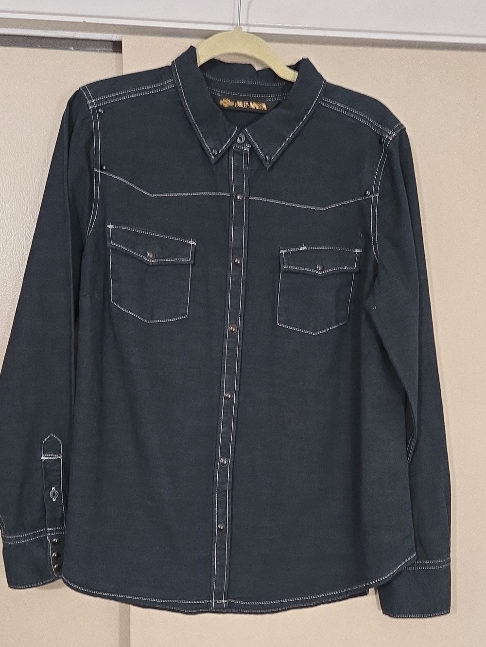 Harley-Davidson Women's Blue Snap Front Western Workshirt Contrast Stitching XL